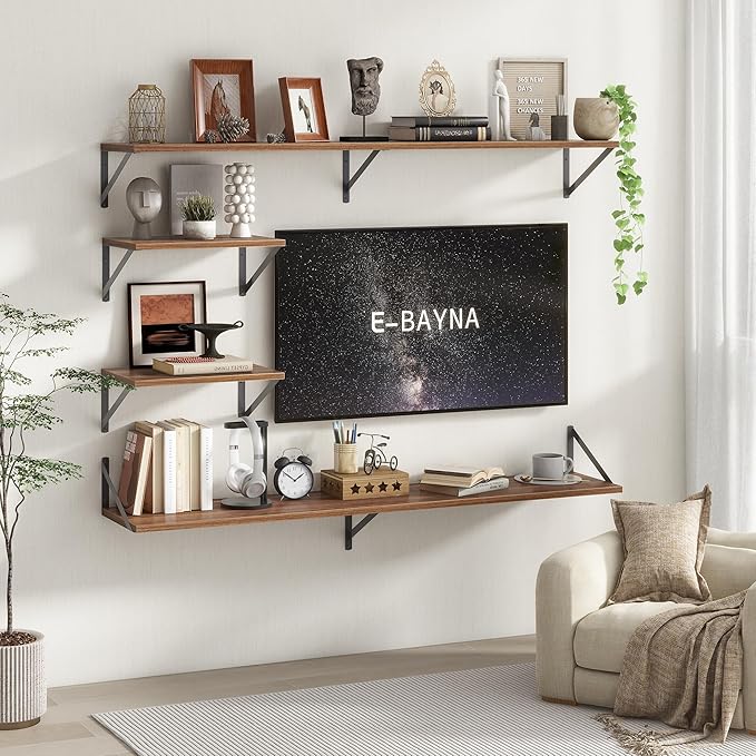 Floating Shelves 48 Inch Long, 10" Deep Floating Shelves, Walnut Wall Shelves 48 x 10, Set of 2, Wide Large Display Storage Shelves for Bathroom, Living Room, Rustic Wood Shelves with Brackets