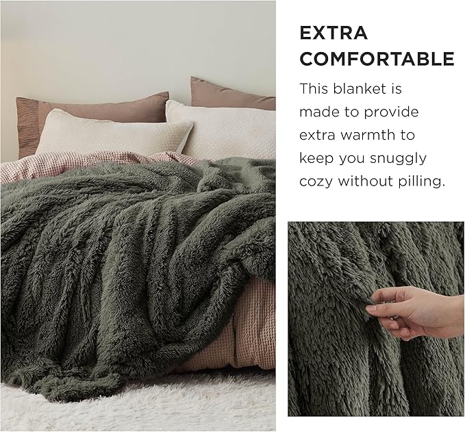 Bedsure GentleSoft Fluffy Olive Green Blankets Queen Size for Bed, Thick Sherpa Faux Fur Fleece Fuzzy Plush Winter Warm Soft Queen Blankets, Bedroom Olive Green Decor Cozy Gifts for Women Men, 90x90
