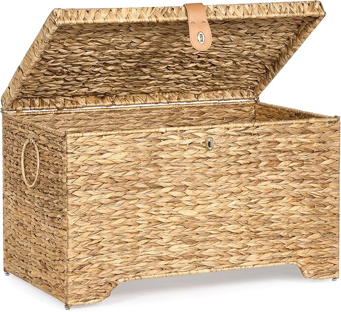 Handwoven Storage Basket with Lid, 165L Wicker Storage Bin, Natural Water Hyacinth, Leather Buckle & Metal Frame, Metal Ring Handles for Easy Transport, Storage Chest & Trunk for Bedroom, Living Room