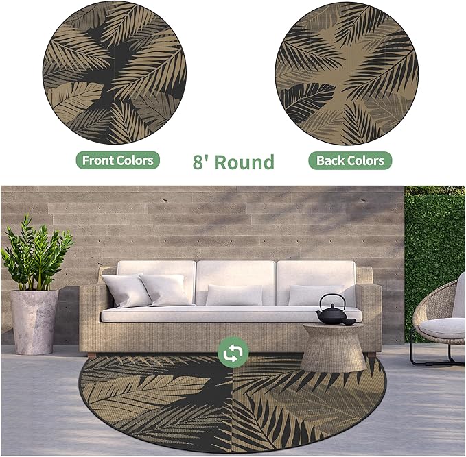GENIMO Outdoor Rug 8' Round Waterproof for Patios Clearance, Reversible Outdoor Plastic Straw Camping Rug Carpet, Large Area Rugs Mats for RV, Camper, Deck, Balcony, Porch, Beach, Picnic, Black&Brown