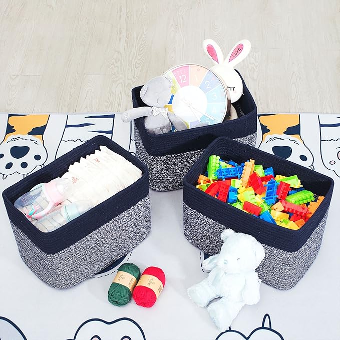 MINTWOOD Design 3-Pack Storage Baskets for Shelves, Playroom and Classroom, Book Basket, Decorative Storage Cube Bins, Woven Closet Organizers, Pantry and Shoe Organizer, Navy Blue