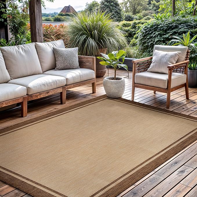 CAMILSON Outdoor Rug 9x12 Bordered Natural Brown Modern Area Rugs for Indoor and Outdoor Patios, Kitchen and Hallway Mats, Washable Porch Deck Outside Carpet (Border Jute, 9 x 12)