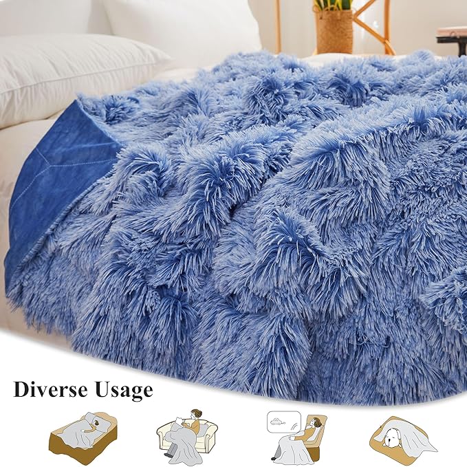 XeGe Luxury Fluffy Throw Blanket, Cobalt Blue Soft 50x60 Faux Fur Blanket Throw, Shaggy Plush Decorative Couch Blanket, Cute Furry Throw Fuzzy Blanket for Sofa Bed, Ombre Cobalt Blue