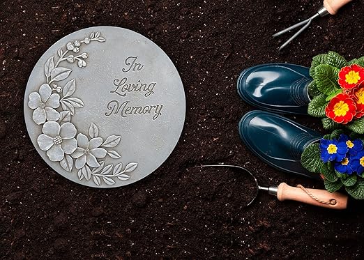 NAT & Jules Flower Blossom and Bud Floral Spray Dimensional Indoor Outdoor 12 inch Round Cast Resin Decorative Garden Stepping Stone, Patio, Walkway Sculpture Yard Art, in Loving Memory Stone Grey