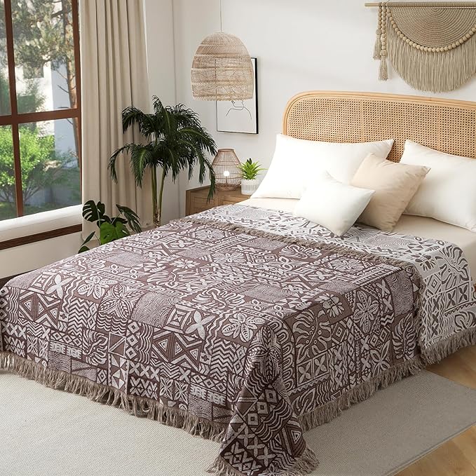Boho Throw Blanket Full Size, Extra Large Soft Cozy Cotton Muslin Quilt Blanket for Bed Decor, Patchwork Block Couch Sofa Chair Cover, Vintage Farmhouse Cottage Woven Blanket, Brown&White
