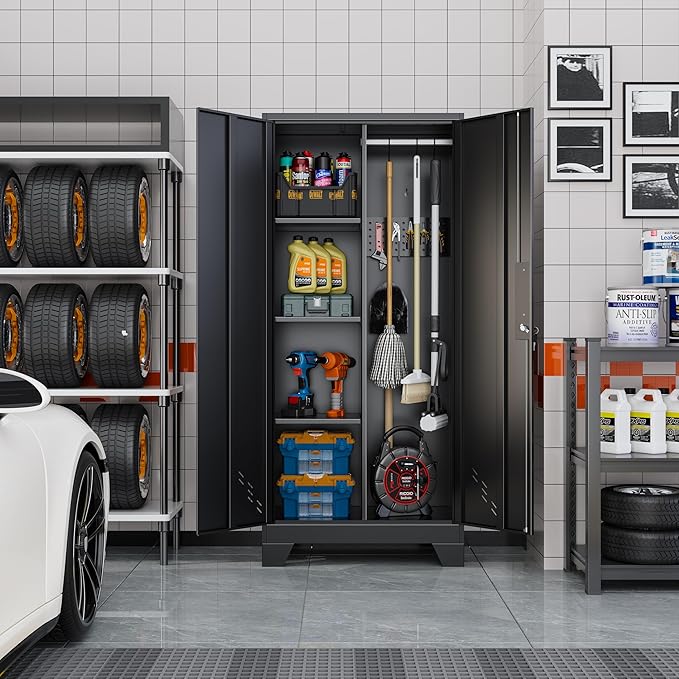 61" Broom Closet Storage Cabinet, Metal Storage Cabinet with Doors, Utility Cabinets for Brooms and Mops, Cleaning Tool Cabinets for Garage, Laundry Room, Bathroom