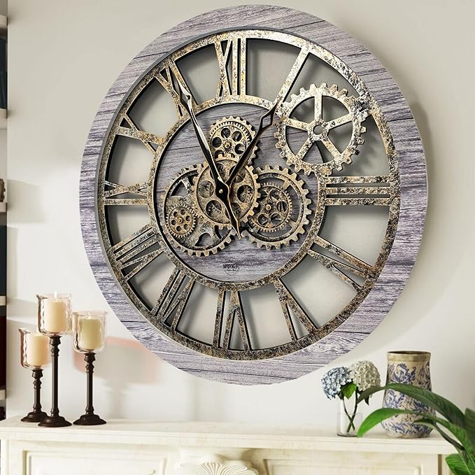 The Gears Clock The Original Real Moving Gear Wall Clock Vintage Industrial Oversized Rustic Farmhouse (24 inch (60cm),Silver Grey)