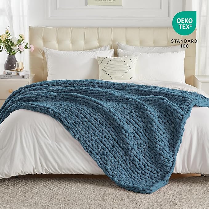 Carriediosa Chunky Knit Throw Blanket 50" X 60", 100% Hand Made Large Chenille Loop Yarn Soft Fluffy Throws for Couch Sofa Bed, Big Crochet Cozy Heavy Thick Cable Woven Blankets, Lyons Blue