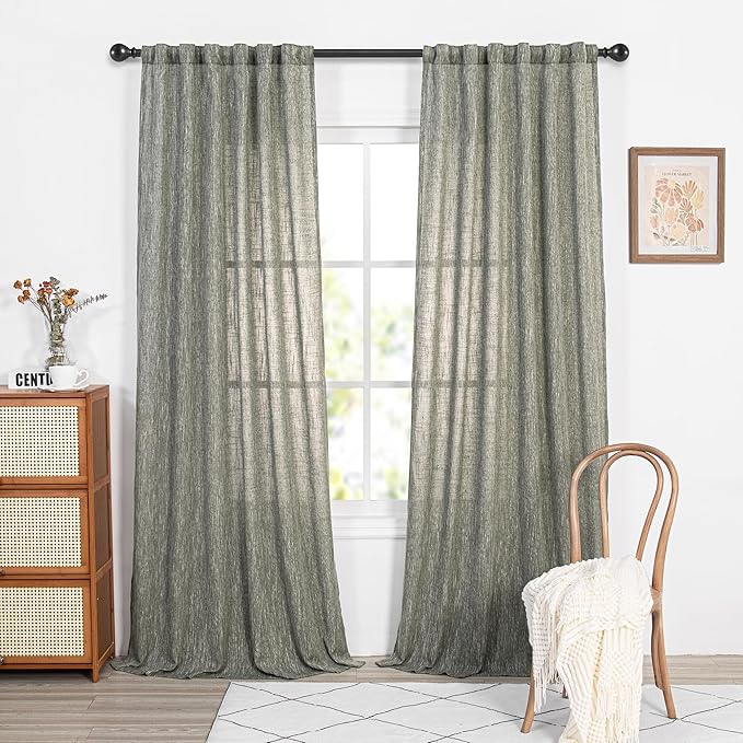 MYSKY HOME Long Sheer Curtains Farmhouse, Sliding Door Curtain for Living Room Light Filtering Privacy Protect Soft Cotton Blend Back Tab Window Drapes Boho, 50" x 108", Olive Green, 2 Panels