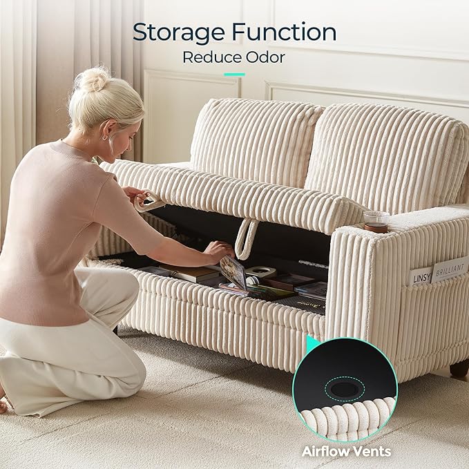 LINSY HOME Loveseat Sofa with Storage - Comfy Plush Corduroy 2 Seater Sofa with USB Charging & Cup Holders, Deep Seat Love Seat for Small Spaces Living Room Bedroom Apartment, Beige