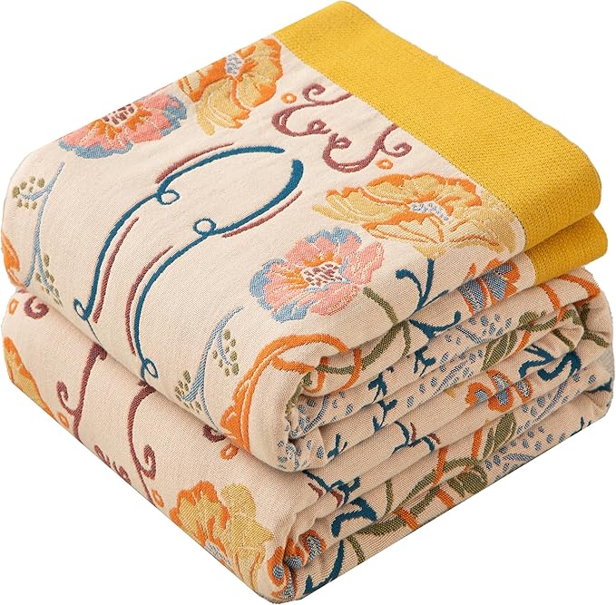 Boho Throw Blanket Twin Size, Soft Cozy Cotton Muslin Quilt Blanket for Bed Decor, Floral Patterned Couch Sofa Chair Cover, Vintage Farmhouse Cottage Tapestry Woven Blanket, Yellow&Blue