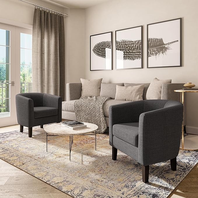 BELLEZE Living Room Chairs Set of 2, Linen Round Accent Barrel Chairs, Club Tub Sofa Chairs for Bedroom, Corner Chairs with Flared Legs and Cozy Soft Padding - Highland (Gray)