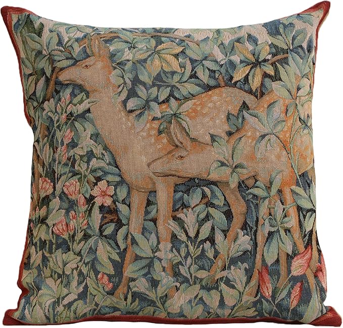 Charlotte Home Furnishings Decorative Tapestry Pillow Cover 19x19 in, Green Does Couch Throw Pillow Cover, French Country Square Cushion Cases for Living Room Home Decor, Soft Cotton Jacquard Woven