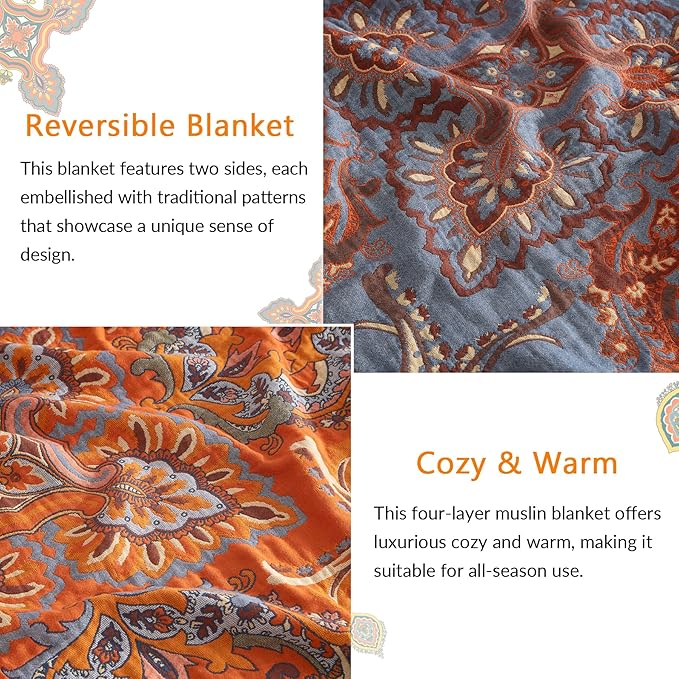 Boho Throw Blanket for Couch Sofa Bed, 100% Cotton Woven Quilt with Tassel 80”x90”, Super Soft Muslin Blanket with Oriental Universe Printed, Decorative Reversible Bed Blanket/Cover for All Seasons