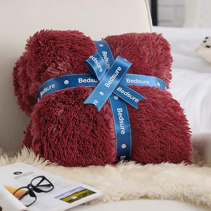 Bedsure GentleSoft Fluffy Burgundy Red King Size Blanket for Bed, Thick Soft Sherpa Faux Fur Fleece Bedding Fuzzy Plush Winter Warm Heavy Big Large King Blanket, Cozy Red Gifts for Men Women, 108x90