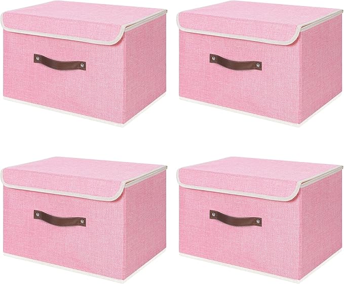 ANMINY 4PCS Storage Bins with Lid PU Leather Handles Storage Boxes PP Plastic Board Decorative Foldable Lidded Cotton Linen Fabric Home Cubes Baskets Closet Organizer Containers - Pink, Large Size