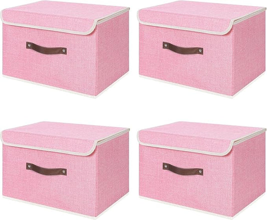 ANMINY 4PCS Storage Bins with Lid PU Leather Handles Storage Boxes PP Plastic Board Decorative Foldable Lidded Cotton Linen Fabric Home Cubes Baskets Closet Organizer Containers - Pink, Large Size