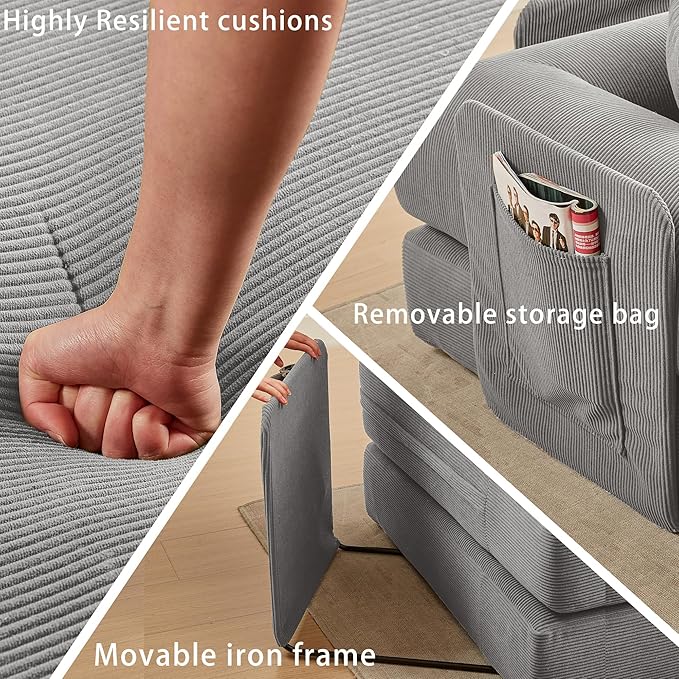 107" Oversized Convertible Sleeper Sofa Bed, Corduroy L Shape Sectional Couch, Folding Sofa Bed with Side Pocket, Modern Cloud Floor Mattress Couch, Modular Sofa for Living Room, Grey