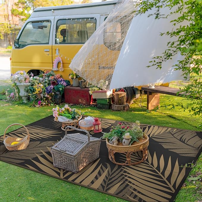 GENIMO Outdoor Rug 9' x 12' Waterproof for Patios Clearance, Reversible Outdoor Plastic Straw Camping Rug Carpet, Large Area Rugs Mats for RV, Camper, Deck, Balcony, Porch, Beach, Picnic, Black&Brown