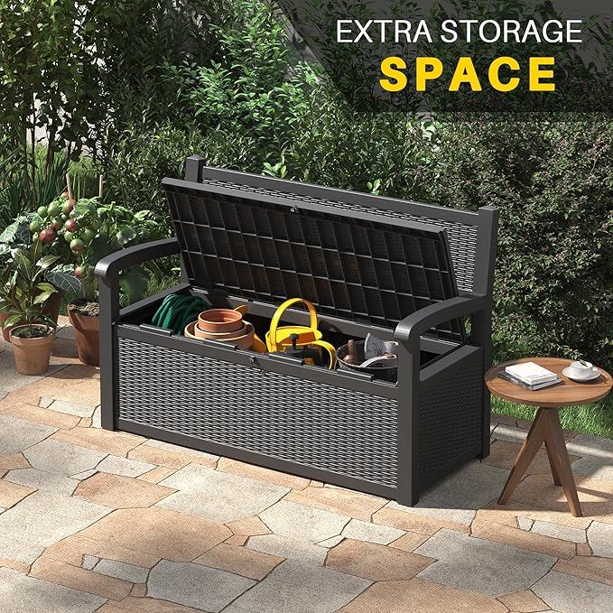 70 Gallon Deck Bench with Storage,Outdoor Storage Box Bench Waterproof&Lockable, Resin Patio Furniture with Armrest for Patio, Porch, Garden,Black