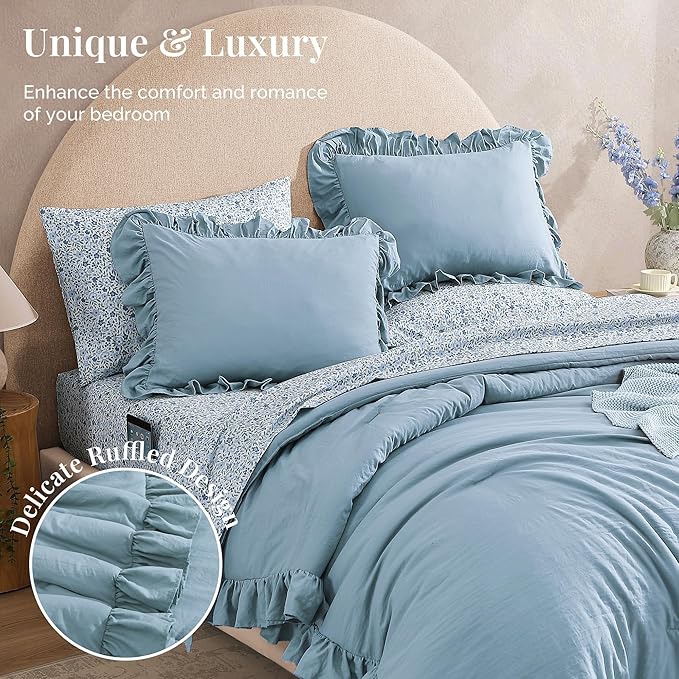Full Comforter Set - 7 Pieces Ruffle Blue Bedding Sets, Shabby Chic Farmhouse Bed in a Bag Full with Ruffle Comforter, Floral Sheets, Pillowcases & Shams