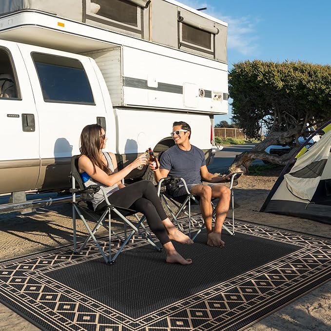 GENIMO Outdoor Rug 5'x8' Waterproof for Patio, Reversible Outdoor Plastic Straw Rug Carpet, Camping Mats for Outdoor Decor, RV, Backyard, Deck, Balcony, Picnic, Black & Brown