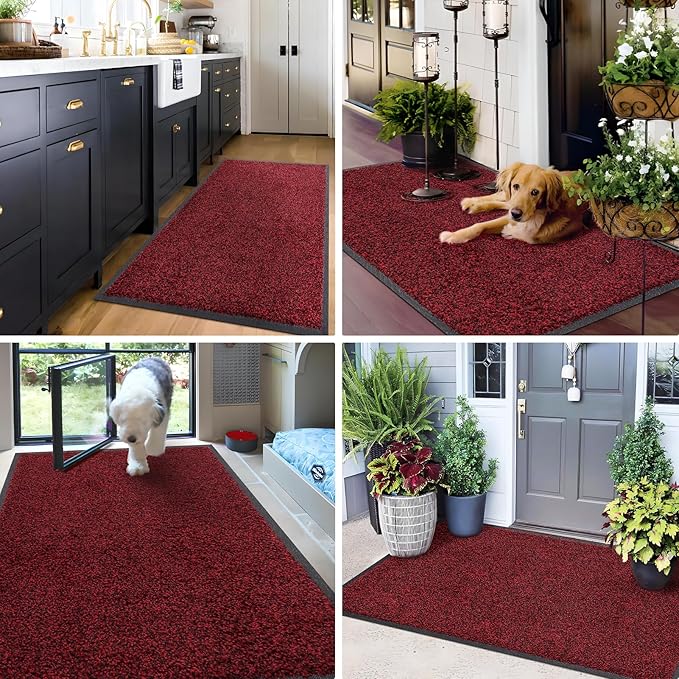 Mibao Front Door Mat, Dirt Trapper Welcome Mat for Outdoor Indoor, Non-Slip Waterproof Doormat, Durable Machine Washable Low Profile Entry Rug for Back Door Outside Patio Porch, 30" x 18", Red