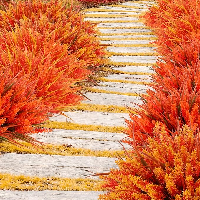Geegoods Artificial Plants Flowers Outdoor – Faux Lavender Flowers with Monkey Grass UV Resistant Plastic Faux Plants for Garden Porch Window Patio Hanging Planter Home Decor (Autumn-Orange, 48PCS)