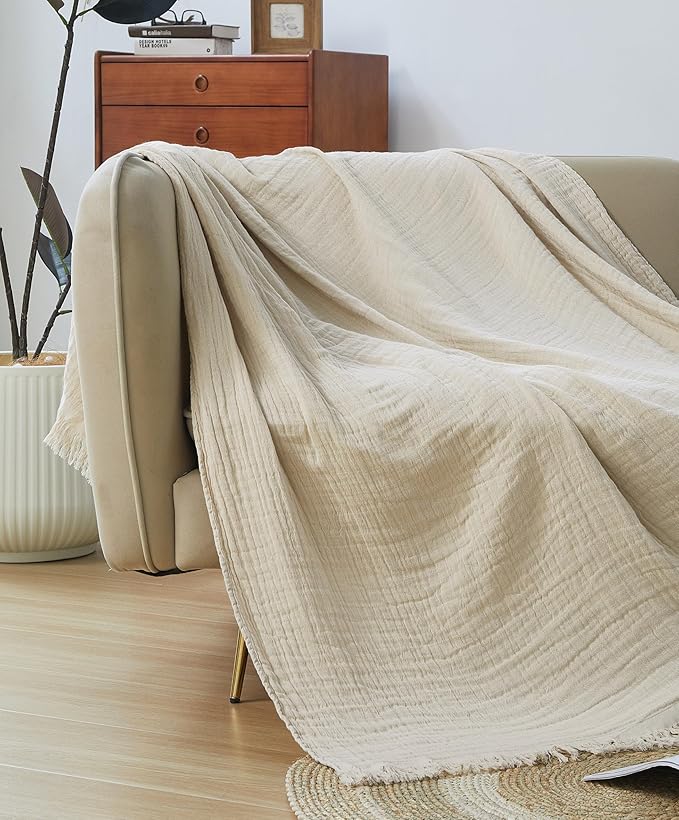 100% Cotton Muslin Throw Blanket for Bed, Couch, Small, Decorative, Soft, Pre-Washed, Breathable and Lightweight Gauze Blanket with Tassels, Suitable for All Seasons, Beige, 50"x60"
