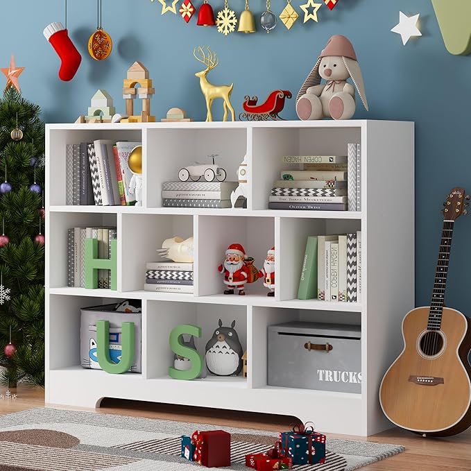 Book Shelf, 10 Cubes Storage Organizer, 3-Tier Open Shelf Wooden Bookcase, Freestanding White Bookshelf Cube Shelf for Bedroom, Living Room, Home Office