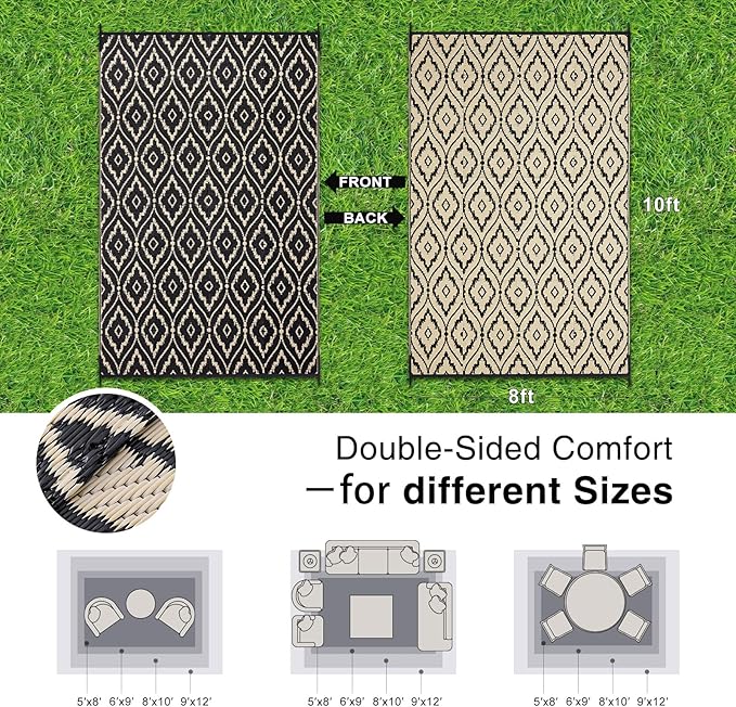 OLANLY Outdoor Rug 8x10 ft Waterproof, Outdoor Plastic Straw Rug with Geometric Pattern Clearance, Reversible RV Mat for Patio, Camping, Balcony, Deck, Backyard, Black & Beige