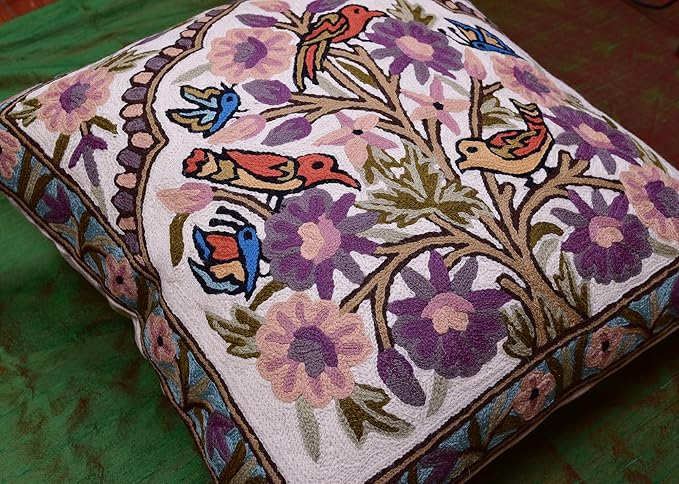 Tree of Life Pillow Cover Lavender Floral Pillowcase Botanical Flower Pillows Plants Farmhouse Traditional Chair Cushions Needlepoint Hand Embroidered Wool Size - 18x18