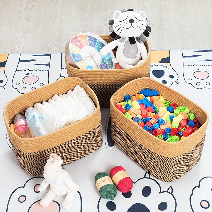 MINTWOOD Design 3-Pack Storage Baskets for Shelves, Decorative Baskets for Organizing, Woven Baskets for Storage, Book Basket Cube Storage Bin Box, Pantry Closet and Shoe Organizers, Black Jute