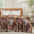 Boho Throw Blanket for Couch Sofa Bed, 100% Cotton Woven Quilt with Tassel 60”x80”, Super Soft Muslin Blanket with Patchwork Printed, Decorative Reversible Bed Blanket/Cover for All Seasons