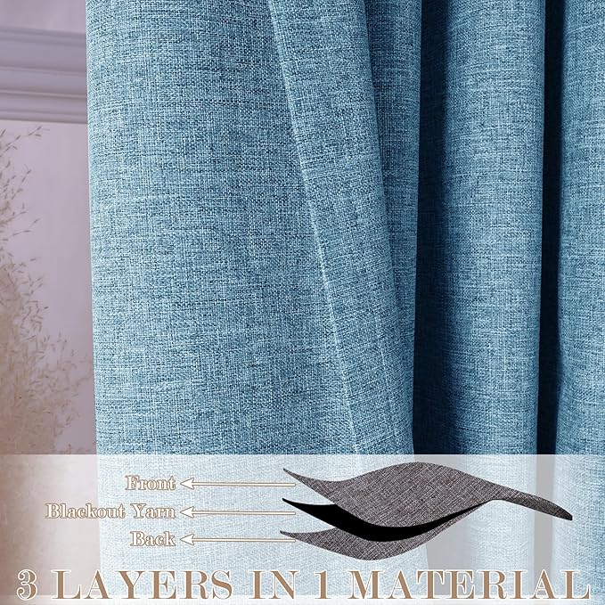 Blue Pinch Pleat 100% Blackout Drapes Linen Blend, Room Divider, Room Darkening, Energy Saving, Furniture Protecting, Light Blocking Extra Wide Privacy Curtains, 200Wx102L, 1 PC