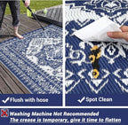 GAOMON Large Outdoor Plastic Straw Rug 10x14 Waterproof Patio Rug Reversible Foldable Portale Camping Mat with Stakes & Bag, Vintage Boho Outside Carpet for RV Garden Deck Porch, Navy