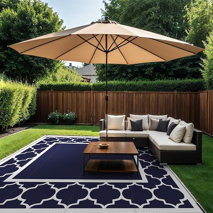 GENIMO 10 ' x 10 ' Outdoor Rug Waterproof for Patio Decor, Foldable Reversible Plastic Straw Area Rugs Mat for Camper, Outside Carpet for Rv, Deck, Porch, Picnic, Beach, Balcony, Blue & White