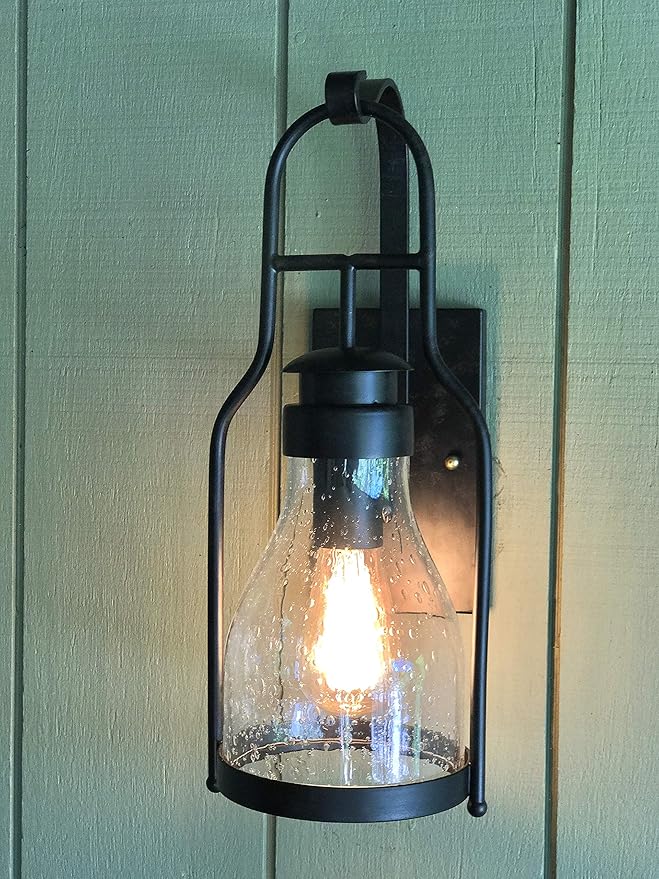 Muskoka Lifestyle Products Rustic Wall Light Lantern with Retro Industrial loft Lantern Look in Rubbed Bronze Powder Coat Finish with Wine Bottle Pioneer jug Glass