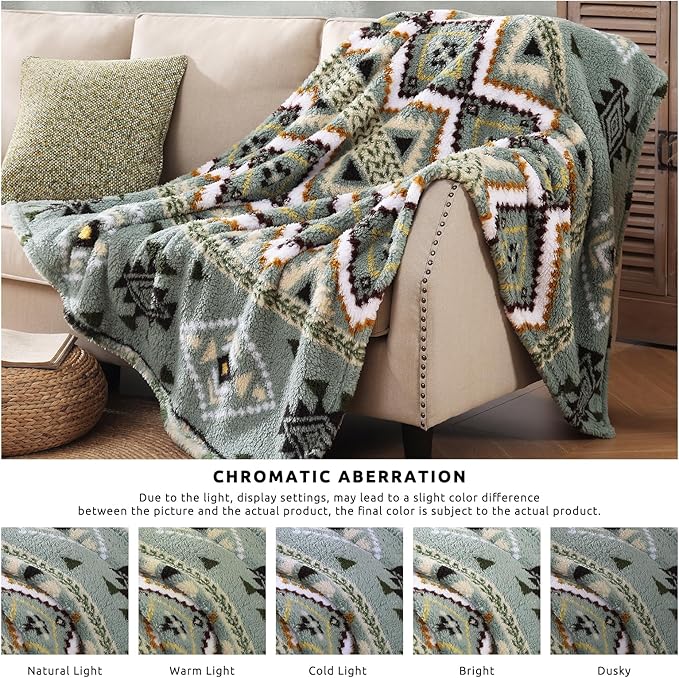 CASAAGUSTO Boho Sherpa Throw Blanket, Aztec Throw Blanket,Ultra Soft, Warm, Cozy, Plush, Thick Fleece Blanket for Couch, Bed, Sofa (Olive Green 50 * 60 Inch)