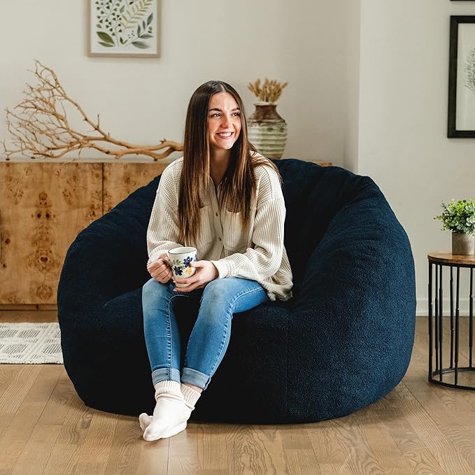 Big Joe Cloudberry Foam-Filled Structured Bean Bag Chair, Deep Blue Teddy Boucle