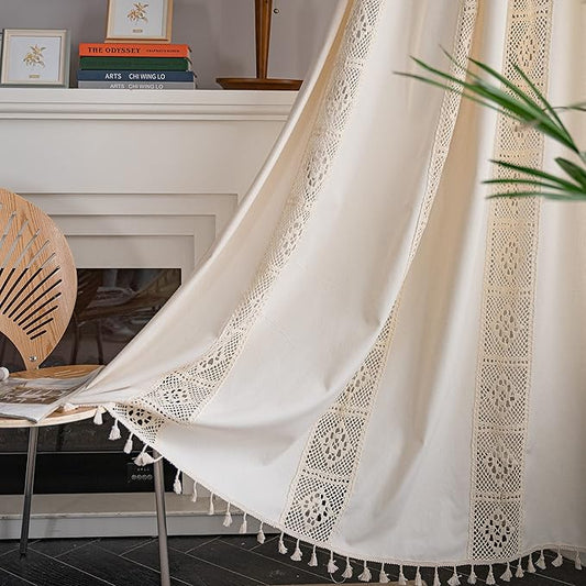 Sutuo Home Boho Curtain Crochet Lace Patchwork Semi-Blackout Bohemian Handmade Tassels, Rod Pocket Window Treatment Vintage Rustic Farmhouse Drapes for Living Bedroom, 1 Panel 59" W x 72" L, Beige