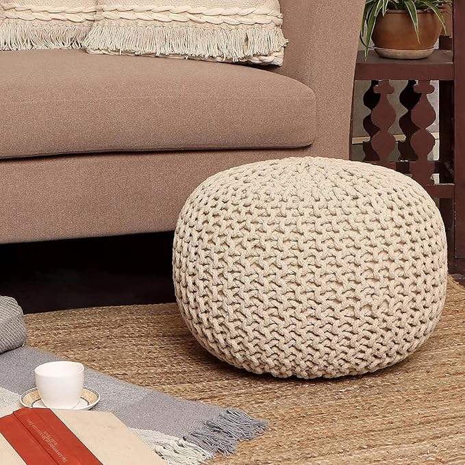 REDEARTH Round Pouf Ottoman - Cable Knitted Boho Poof - Home Décor Cord Pouffe Handmade Circular Footrest for Living Room - Bedroom - Kids Bedroom - 100% Cotton Pouf (19.5"x19.5"x14") - Natural