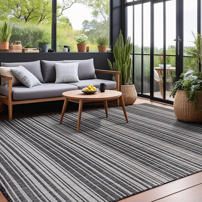 Stripe Outdoor Rug 9x12 Washable Outside Carpet for Indoor Patio Porch Waterproof Easy Cleaning Non Shedding Area Rugs Dark Gray 9 x 12