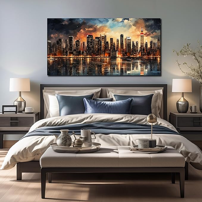 New York Skyline Wall Art for Office,Modern Living Room Wall Paintings City Wall Decor for Bedroom 29 x 59 Inch