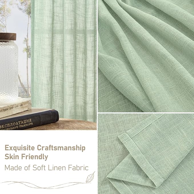 LAMIT 95 Inches Long Fresh Green Linen Curtains for Living Room, Bronze Grommet Linen Textured Curtains Light Filtering Boho Drapes for Bedroom/Dining Room, Set of 2, 52 x 95 Inch