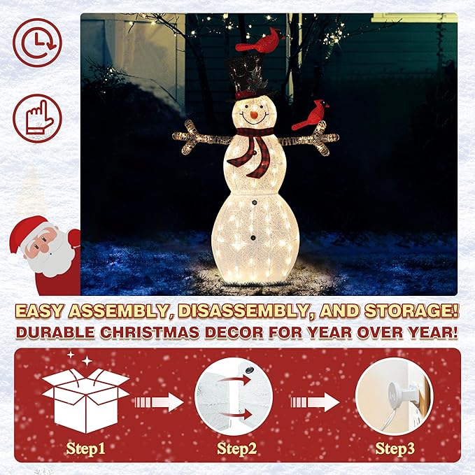 5FT Lighted Snowman with Birds for Christmas Decoration, 3D Pre-Lit Iridescent Snowman Xmas Decor with 90 LED Lights, Glittered Standing Holiday Display for Outdoor, Indoor