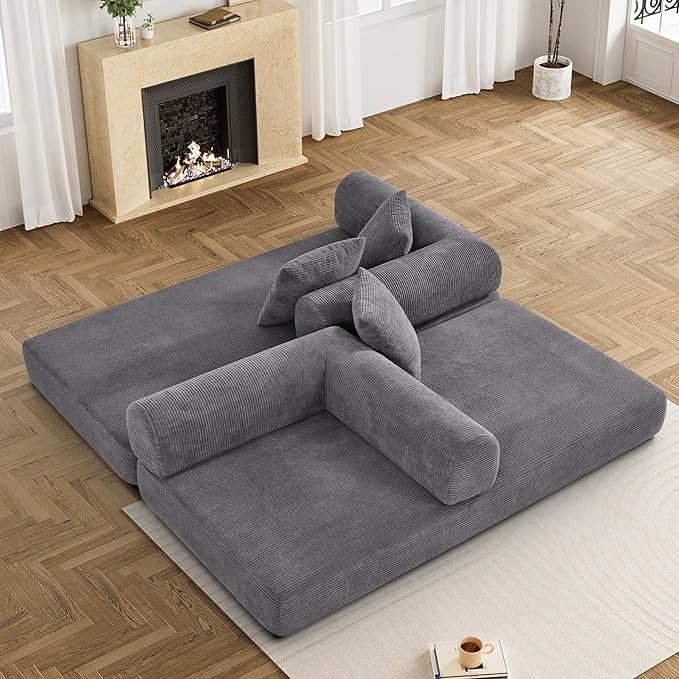 Convertible Sleeper Sofa Bed with Pillow, 4-in-1 Corduroy Folding Mattress Couch with Fixed-Shape Frame, Futon Fold Out Floor Sofa Cama Lounge Couch for Living Room Bedroom Studio, Grey