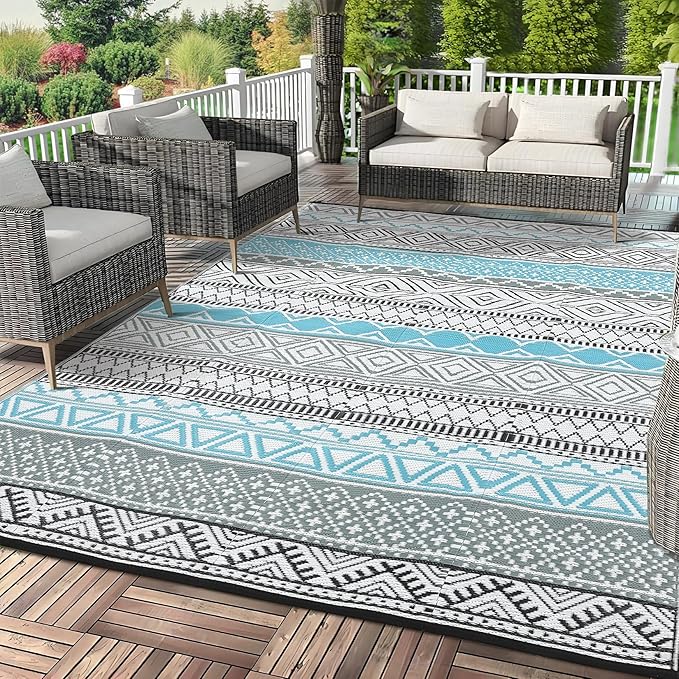 GAOMON Outdoor Rug 9'x12' Waterproof Rug for Patio Decor, Foldable Reversible Plastic Straw Area Rugs Mat for Camper, Outside Carpet for Deck, Porch, Picnic, Beach, Blue/Grey(Bohemia)
