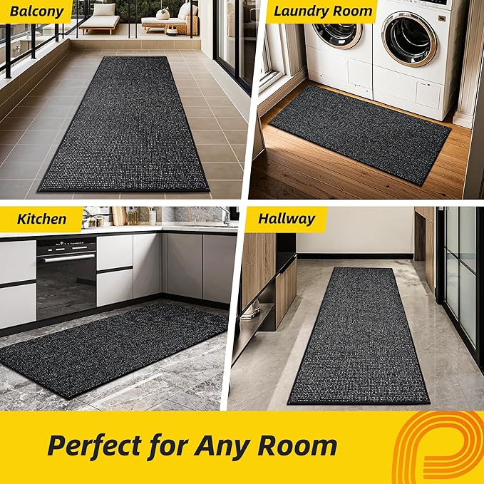 JSEI Dirt Trapper Door Mat 24"x60" Non-Slip Washable Entrance Mat, Dog Doormats, Absorbent & Fade-Resistant Floor Mats, Low Profile Welcome Mats for Entryway, Front Door, and Inside Entrance, Black