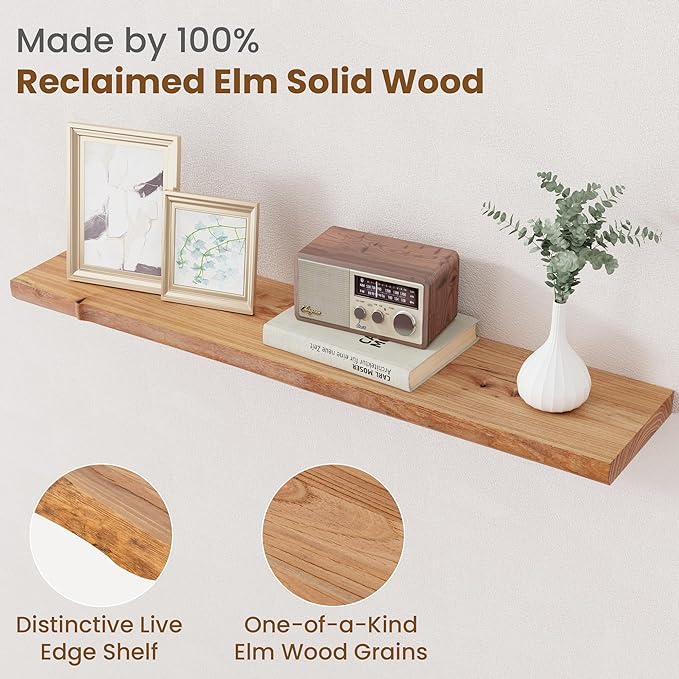 Floating Shelves for Wall Decor, Rustic Solid Elm Wood Live Edge Floating Shelves Wall Mounted, Wall Shelves with Invisible Bracket for Living Room Bathroom Bedroom Kitchen, 36 Inch Set of 2, Natural
